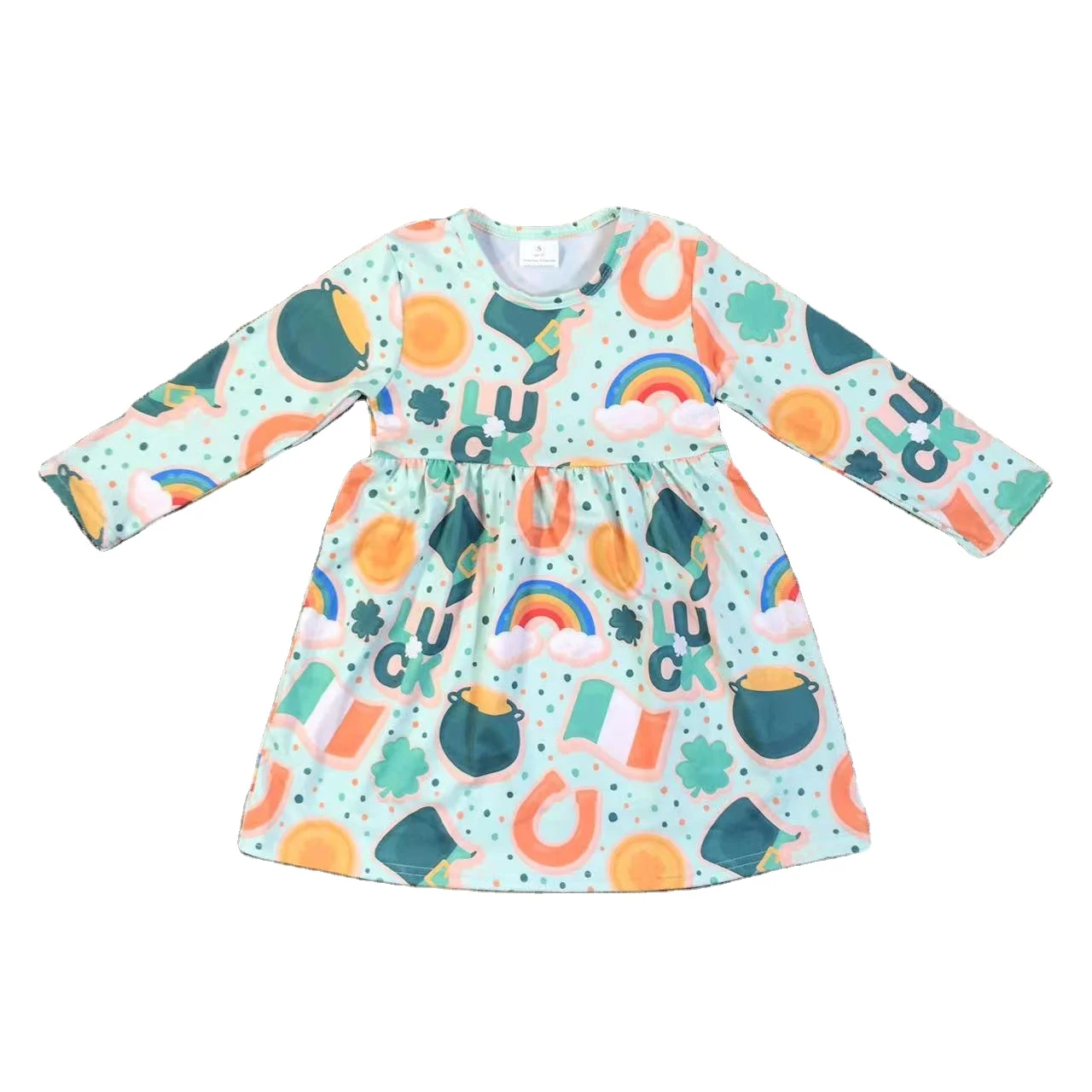 Boutique light green four-leaf clover rainbow long-sleeved dress spring and autumn clothing