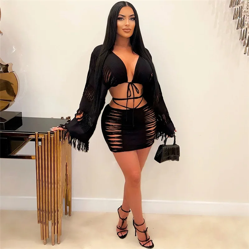 Summer Club Wear 2 Piece Set Women Long Sleeved Lace-up Cardigan Hollow Out Tassel Crop Top Skirt Sets Women 2 Piece Outfits