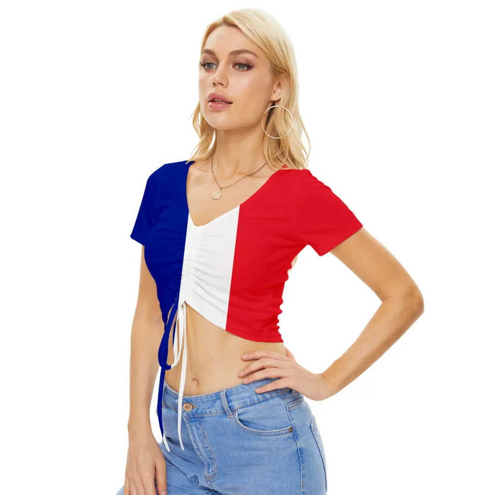 Fashion Girls V Neck T Shirts France Germany Spain National Flag Pattern Womens Short Sleeves For 2022 Football World Cup