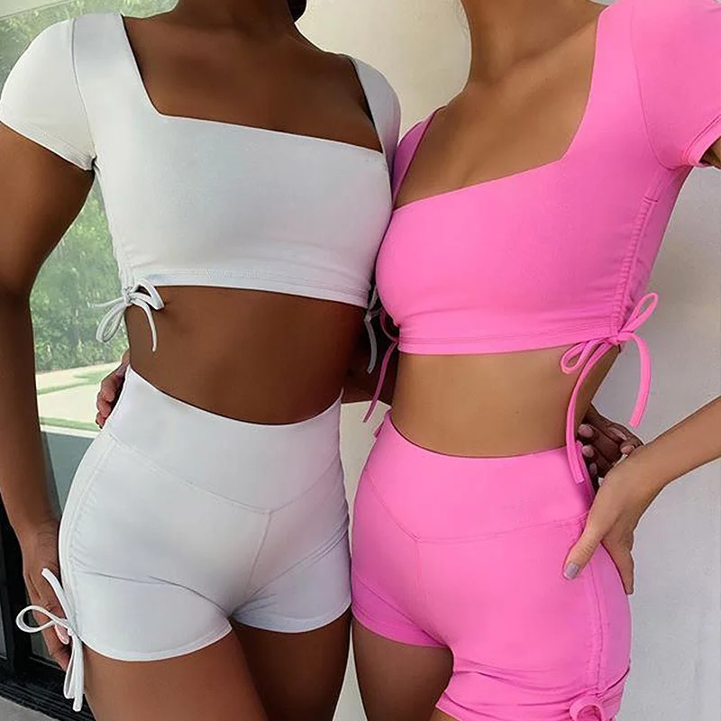 drop shipping 2021 summer EU US hot style bandage square neck backless sexy sports wear  womens two piece set short track