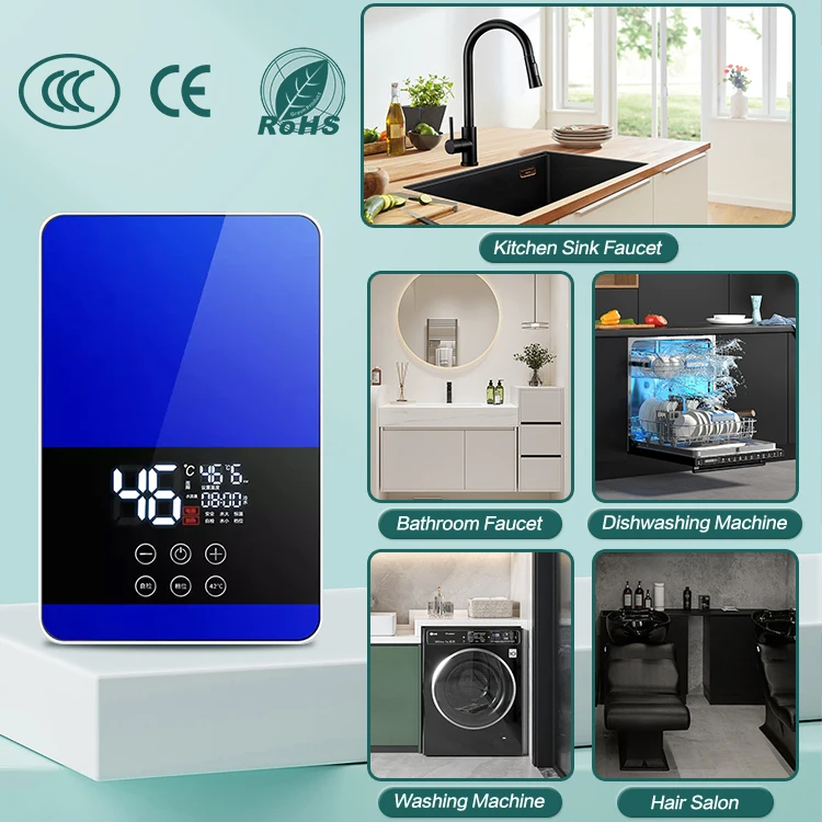 Water Heater Touch Button Custom Ce Stainless Steel for Shower 2024 Low Power Bathroom Instant Electric Green Wall Mounted 6000