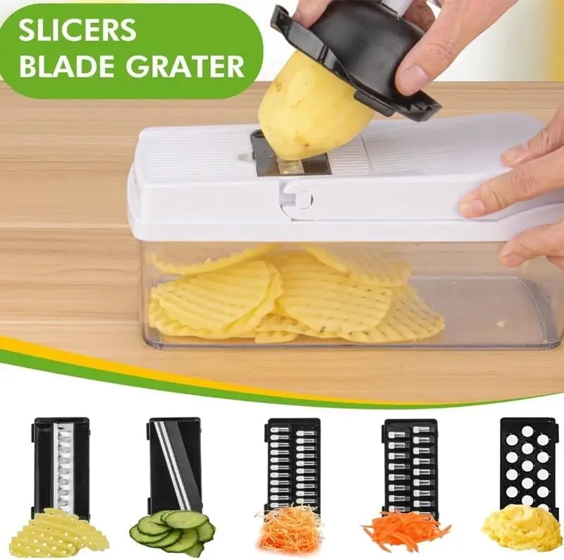 Vegetable Chopper - Cheese Grater, 13-in-1 Mandoline Slicer Chopper Vegetable Cutter, Anti-Slip Container, Chop-Cut-Spiralizer