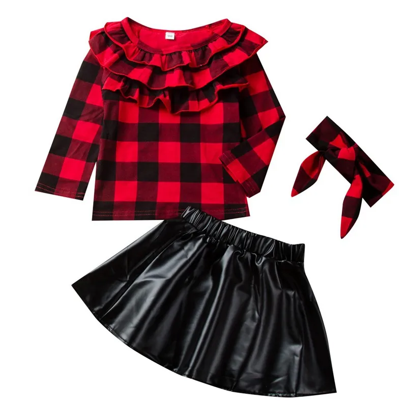
Fall/Winter Little Girls Clothing Sets Fashion Kids Long sleeves Plaid shirt+Leather skirt+Headband 3Pcs Baby girl Outfit 