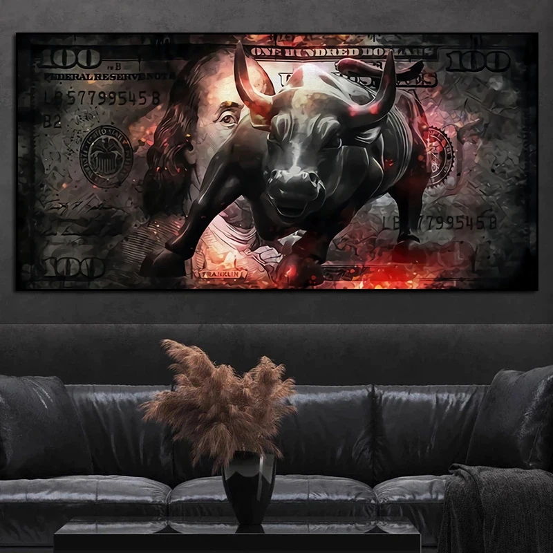 Charging Bull Art Wall Street Canvas Painting 100 Dollar Bull Statue Picture Office Home Decor