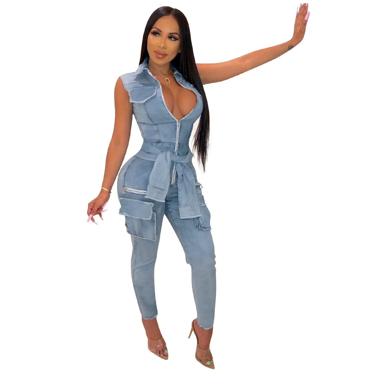 
LDDRESS Hot Selling Fashion Summer Denim Jumpsuit Sleeveless Front Zipper Top Buckle Bandage Jeans Casual Sexy Jumpsuit 
