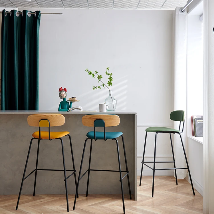 Counter Height Tall Luxury High White Black Nordic Kitchen Modern Cheap leather Bar Stool With Powder Coated Iron Metal Legs