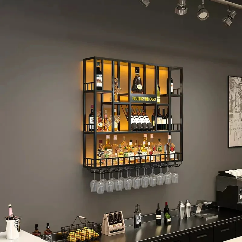 High Quality Metal Bar Cabinet Wall Mounted Wine Rack Customized Industrial Led Lights Pub Bar Wine Display Shelf