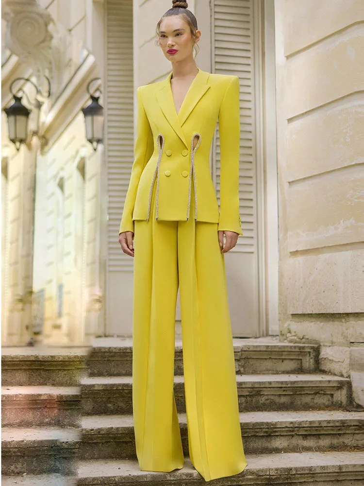 A8114 Luxury Yellow Women Two Pieces Suits Plus Size Cutout Ladies Two Pieces Business Suits