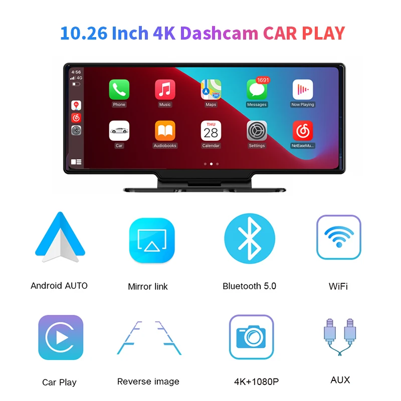 10.26 Inch 4k dashcam camera with Wireless CarPlay Android AUTO Multimedia Audio car dvr camera Video Recorder car monitor