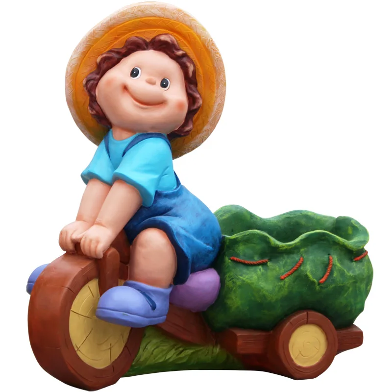 Outdoor Landscape Statues Cycling Doll Flower Pot Fiberglass Garden Planter Ornaments Resin Bike Doll Kindergarten Decoration