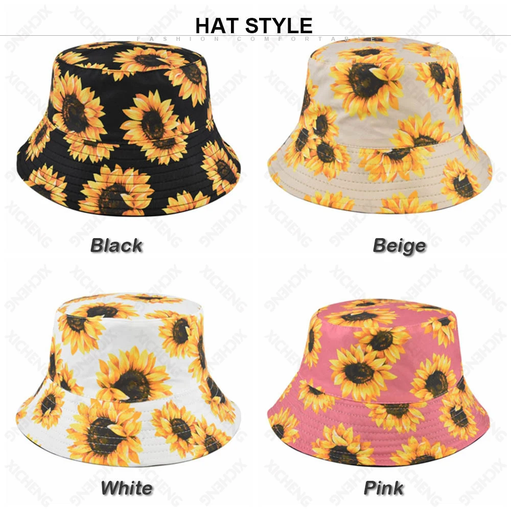 Wholesale unisex new sunflower-printed cotton polyester custom logo reversible bucket hat caps for women men