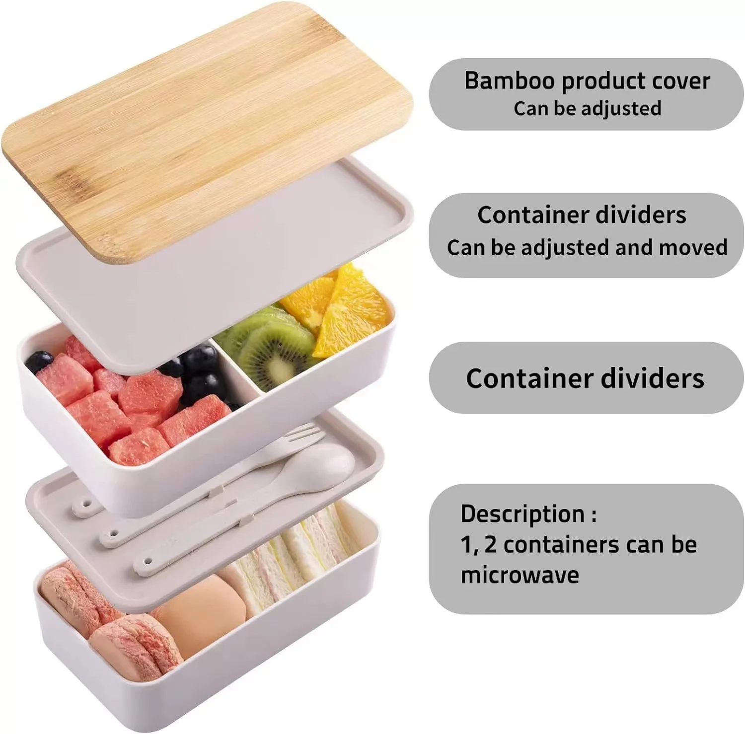 Plastic portable 2-layer stacked bento box with wooden lid and cutlery set 1200ml