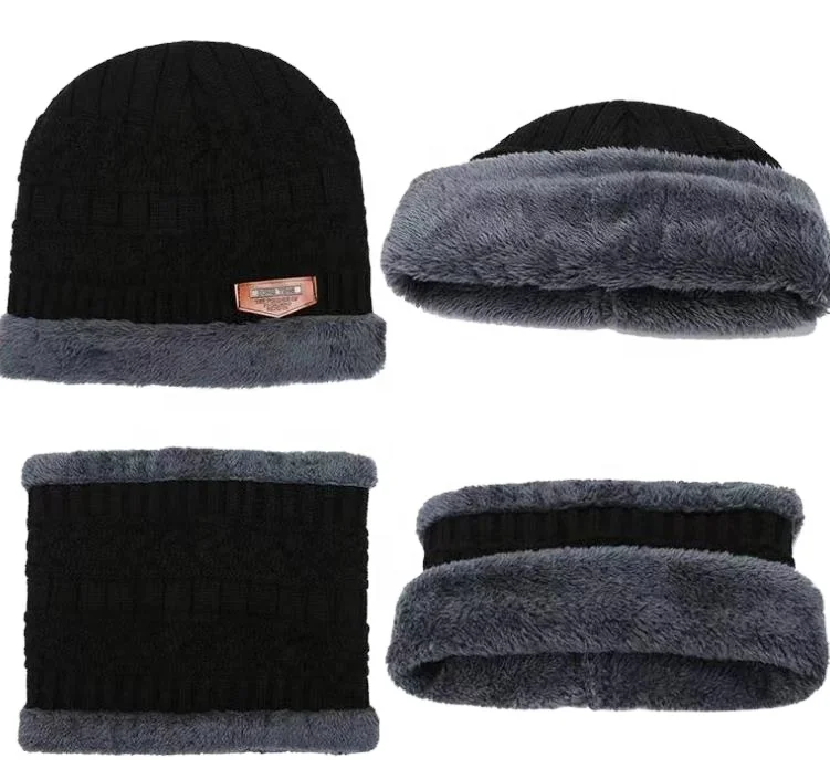 Factory Wholesale Winter Knitted Hat And Scarf Set Fleece Lining Slouchy Beanie Bonnet With SONG TING Leather Patch