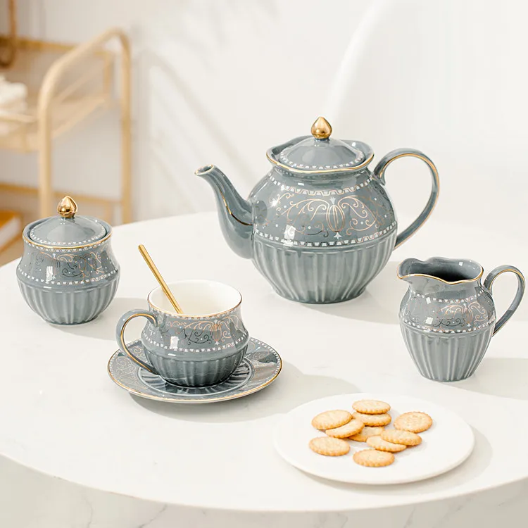 Luxury British tea pot sugar pot milk jug sets grey ceramic coffee tea cups and saucers set with gold rim