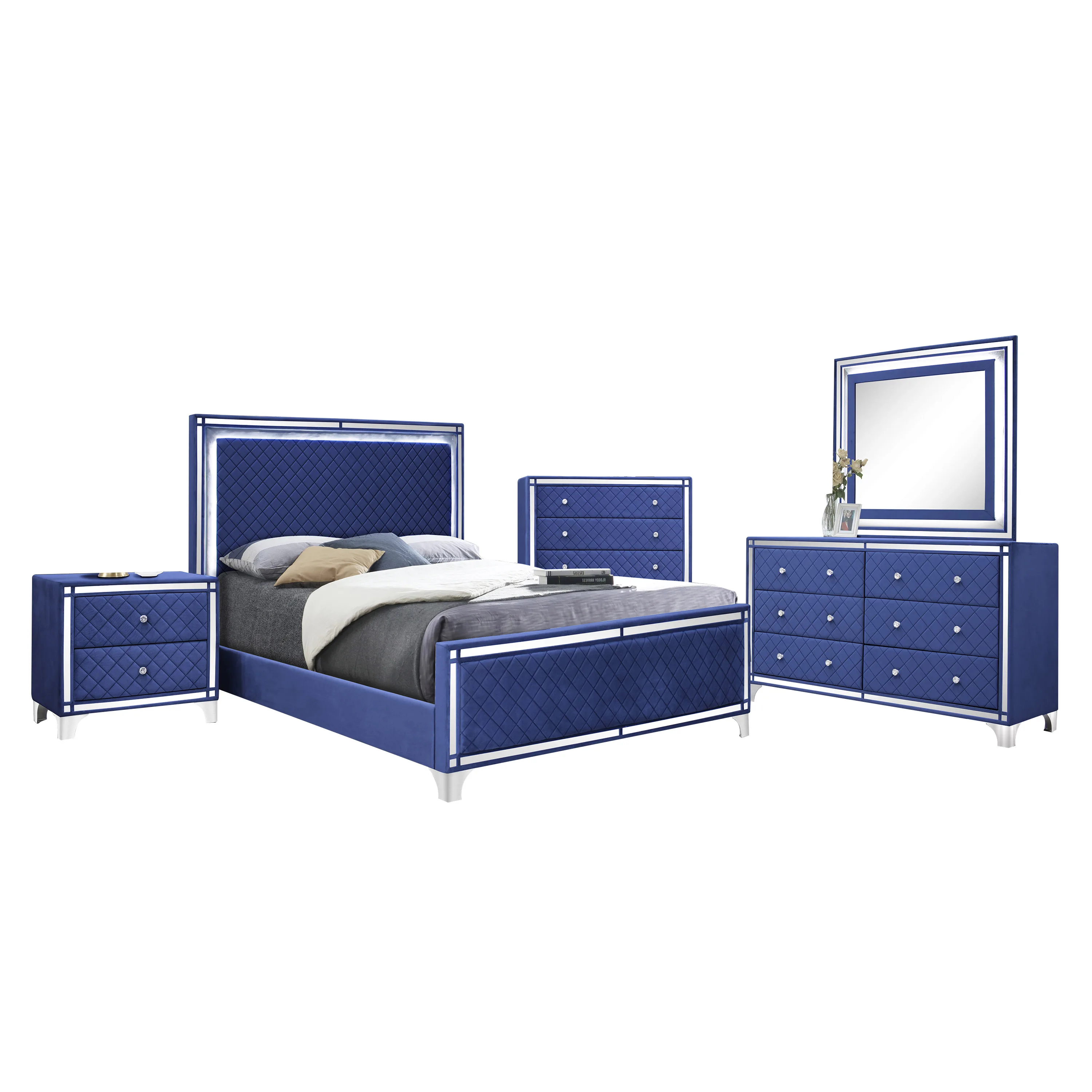 5 Pcs Upholstered Quilted Design Bedroom Set Velvet Grey Complete With Bed/ Dresser/ Chest Of Drawer/ Night Stand And Mirror