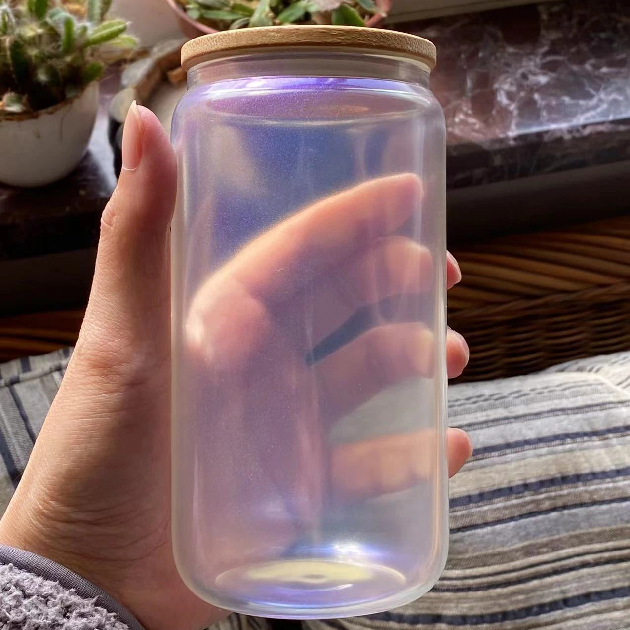 16oz Wholesale Reusable sublimation blanks Cola Beer Rainbow paint Drinking Borosilicate Glass Cups with Bamboo Lid and Straw