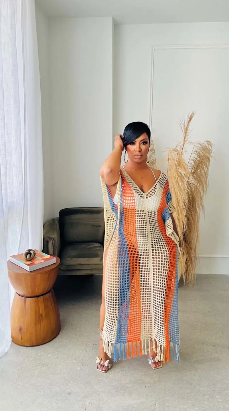 Fashion Causal Sleeveless Knitted Maxi Tassel Dress Summer Sexy Color Patchwork Hollow Out Beach Crochet Long Dresses