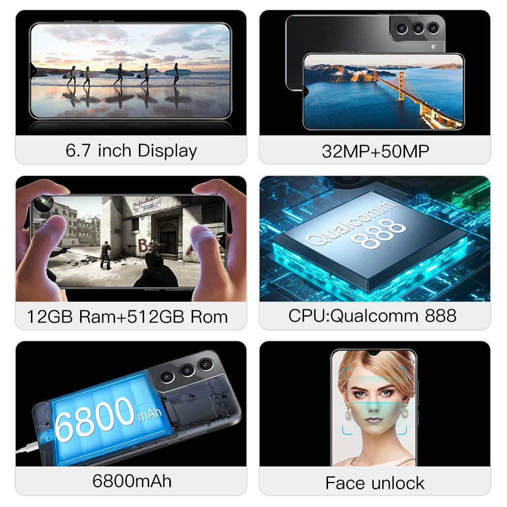  Смартфон S21 + 5G io phone 3 1500 дюйма 4 sim 512
