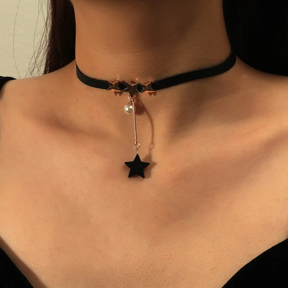 Punk Japanese Style Sexy Black Lace Gothic Double Heart Pendant Collarbone Chain Choker Necklace