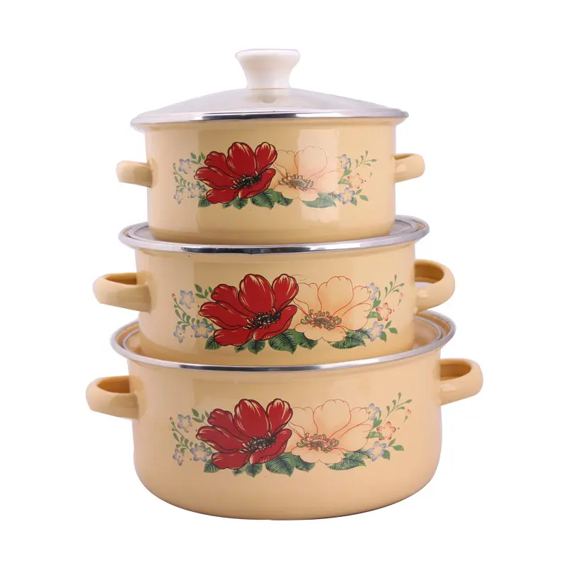 3-Piece Sustainable Enamelware Casserole Set Featuring Floral Design and Stainless Steel Handles for Gas and Induction Stoves