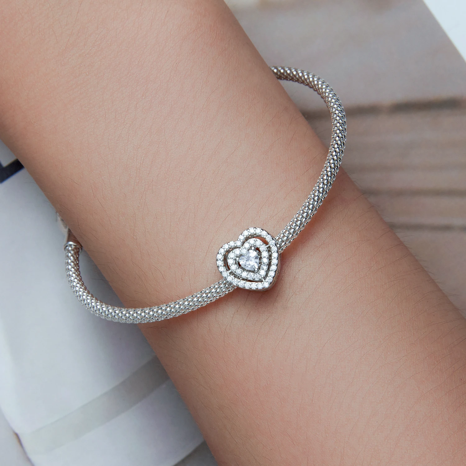 Simple Sparkling Heart Beaded 925 Sterling Silver Pave Zirconium Plated White Gold Heart Loose Bead Accessories