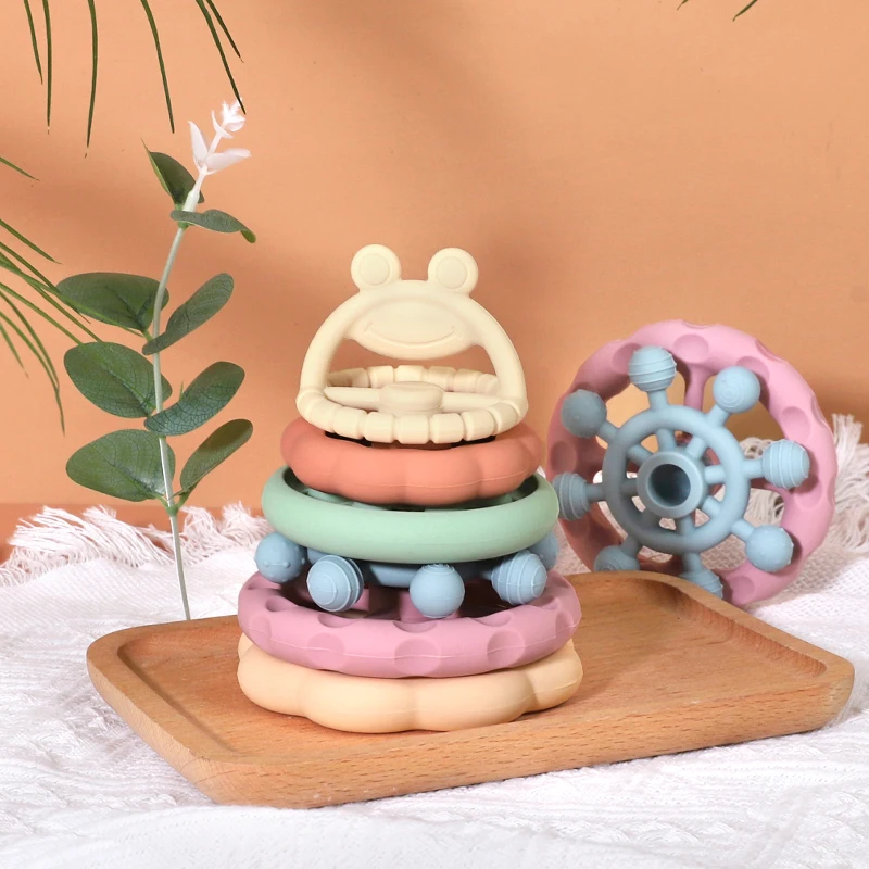 Silicone Stacks of Circles 6 Pcs Soft Teething Toy Set Educational Learning Baby Toy Frog Shape Stacking Ring Toys for Babies