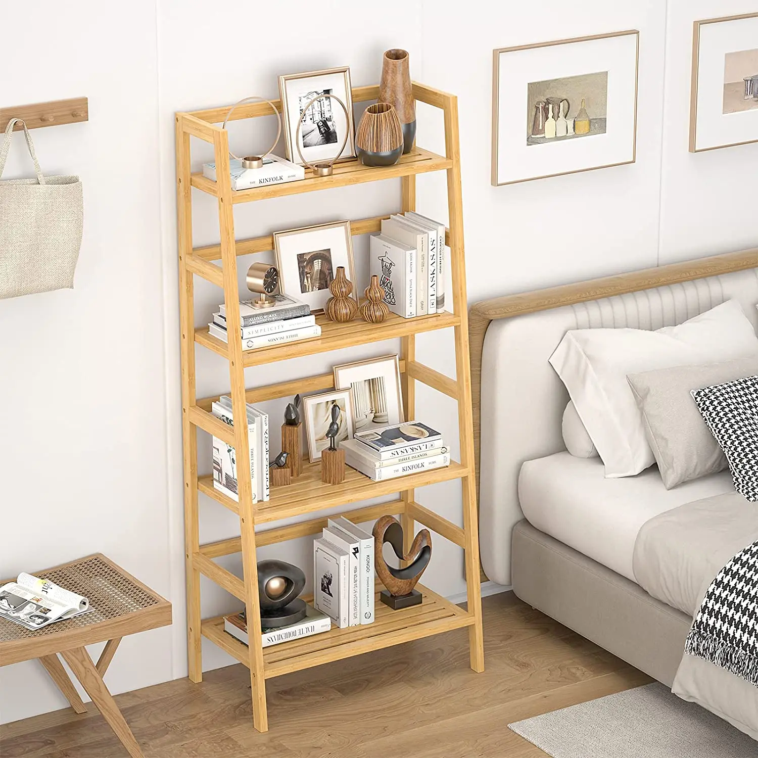 Bamboo Bookshelf, 4-Tier Bamboo Ladder Shelf, Bookcase,  Bathroom Storage Rack Plant Stand for Home
