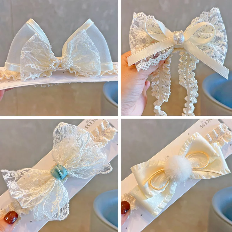 Korean Style Beige Embroidery Lace Bow Infant Baby Girls Hair Band Pearl Crown Cute Soft Bowknot HairBand Hair Accessories