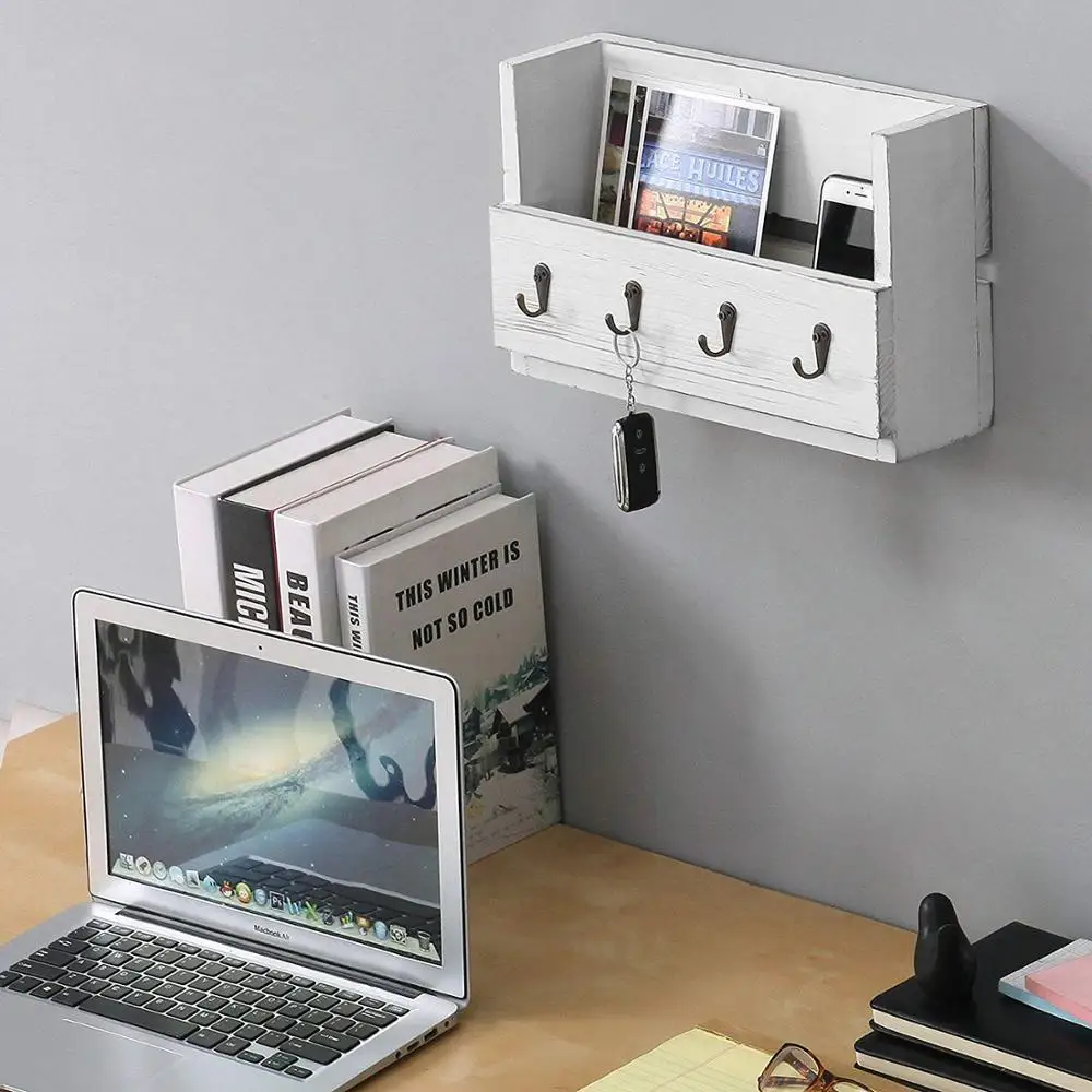 
Antique White Wood Wall-Mounted Magazine Mail Holder with 4 Key Hooks 