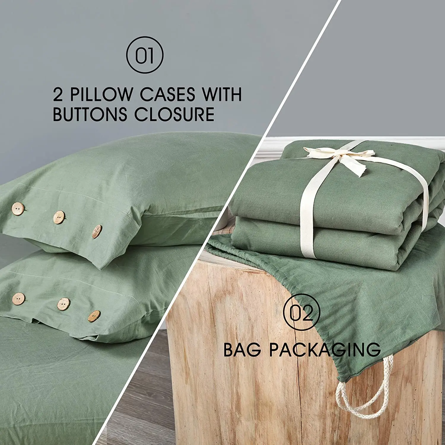 Green 100% Washed Cotton Duvet Cover Set 3 Pieces Luxury Soft Bedding Set with Buttons Closure Solid Color Pattern Duvet Cover