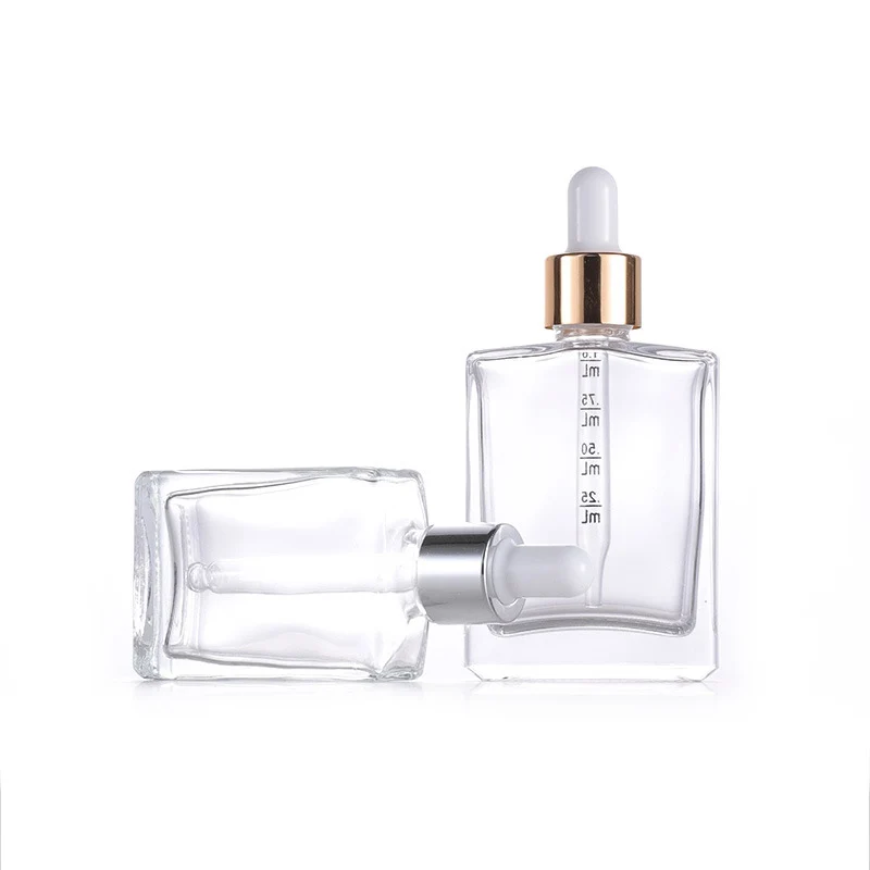 Cosmetics Bottle Packaging Thick Wall Empty Rectangle Clear Glass Bottle with Dropper Cap 30ml 50ml