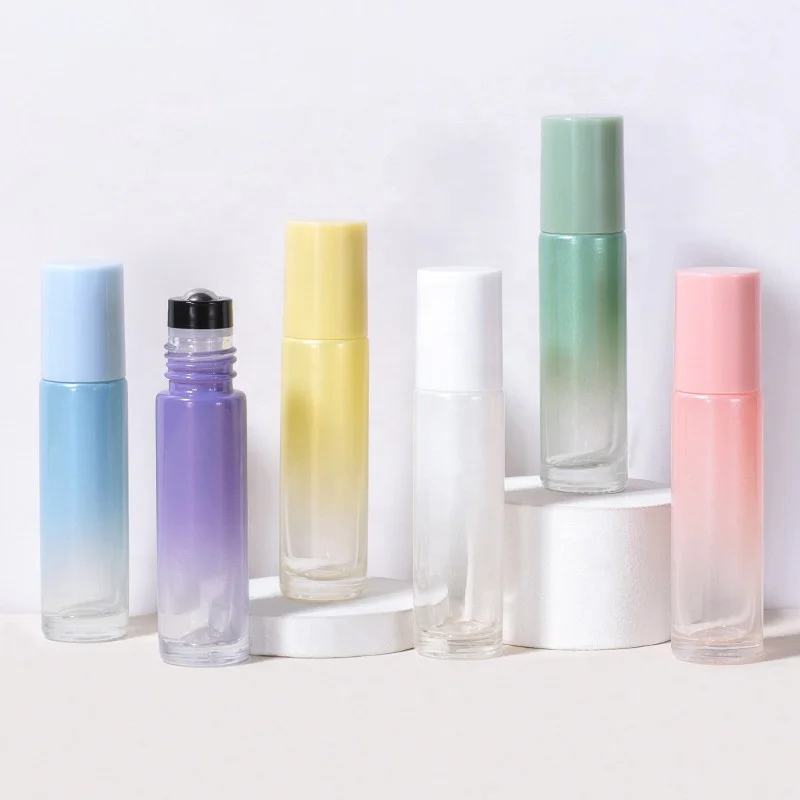 Empty luxury gradient pink white green yellow purple blue glass perfume bottles essential oil container roll on bottle 10ml