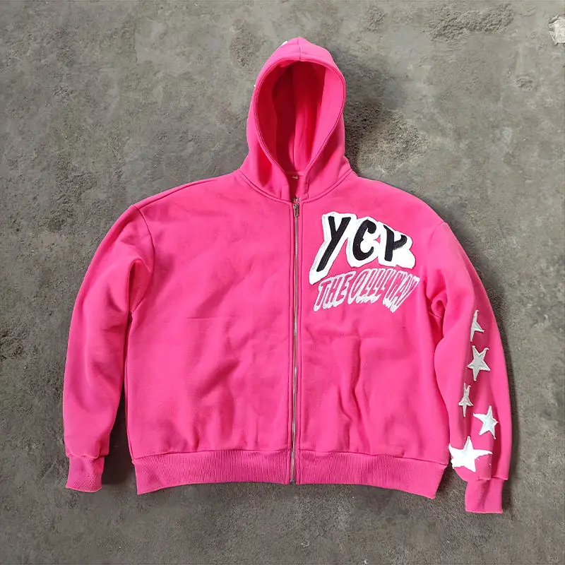 Streetwear blank french terry heavyweight hoodies custom embroidery patch applique Hoddie cropped zip up hoodie for men