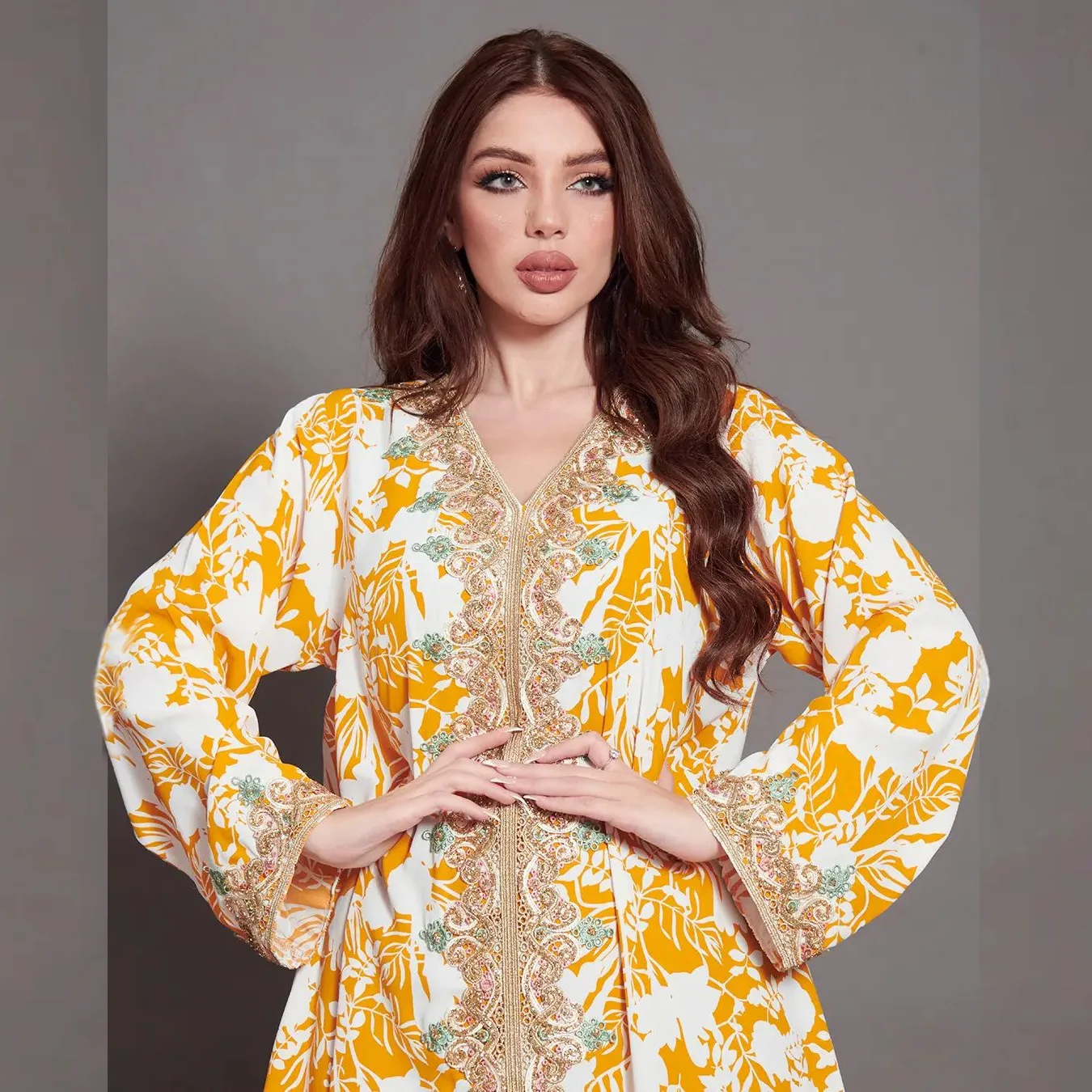 Hot selling loose wear fashion print beaded long sleeve maxi dress islamic clothing muslim dresses for women