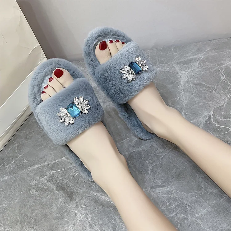 Factory Direct Wholesale furry slippers slippers with rhinestone fashion fur slippers