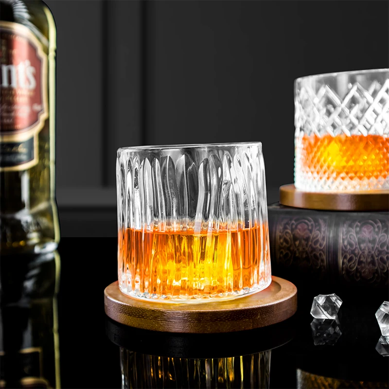 Wholesale Glasses Luxury Crystal 360 Liquor Wine Glassware Whiskey Rotating Clear Glass Cup Tumbler