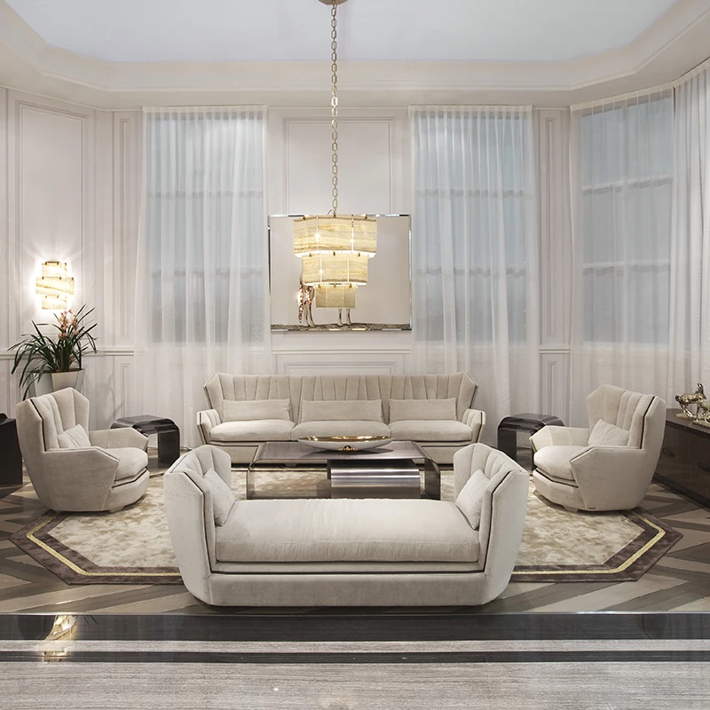 Italian Luxury Design Cream Fabric Couches Sofa Set Furniture Modern Living Room Sets with Ottoman