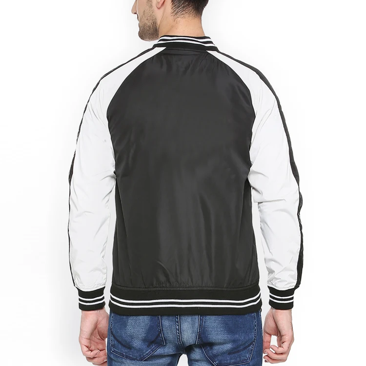 black and white colourblocked raglan sleeve with front chest embroidery satin letterman jackets for mens