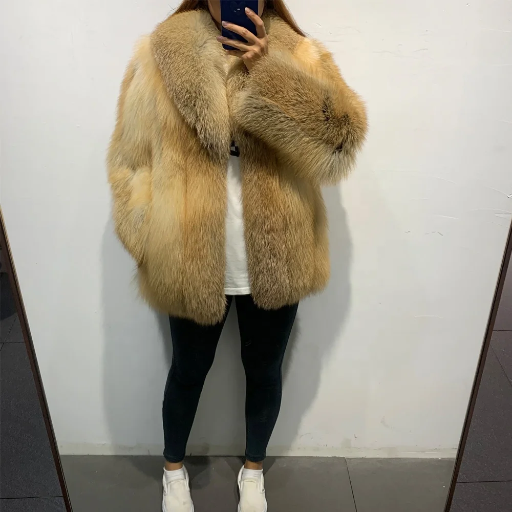 Real Red Fox Jacket Long Sleeve Ladies Real Fox Coat Women Natural Fur Cloth