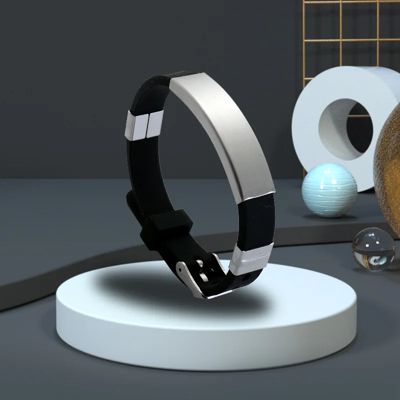 Custom Engraved Stainless Steel Plate Rubber Watchband Armband Adjustable Silicone Wristband Bracelet