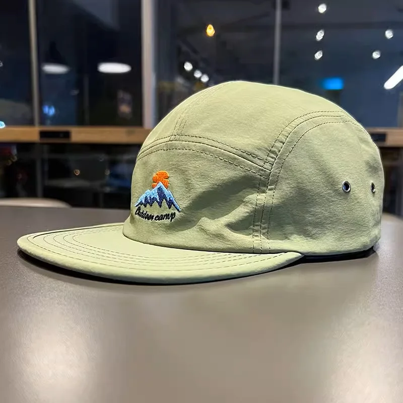 Unstructured Quick Dry Cap Nylon Lightweight Breathable 5 Panel Hat Flat Brim Embroidered Camp Cap Running Hat With Custom Logo