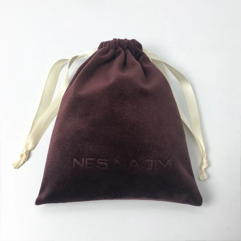 Vintage style chocolate color  jewellery bags velvet cosmetic container drawstring bag Gift pouch with logo