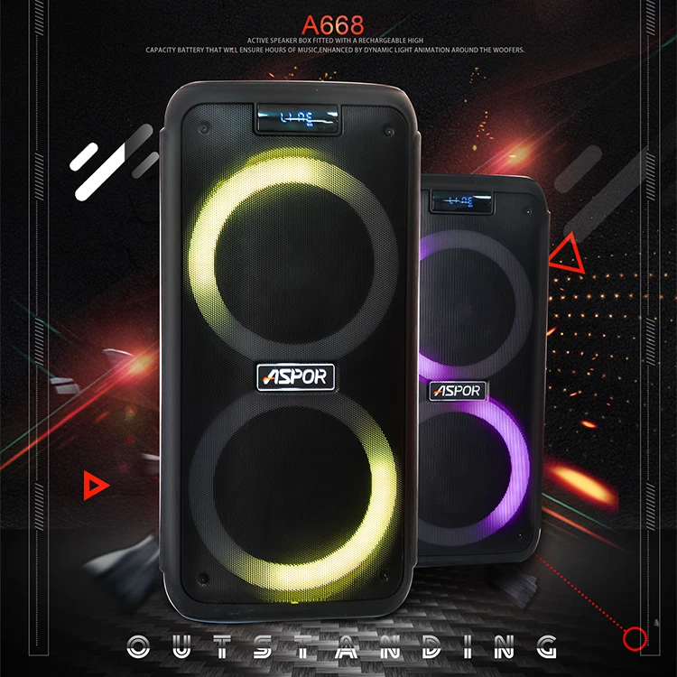 
ASPOR Newest Nice Design Good Sound Quality With LED Light And Two Microphone Wireless Stage Speaker 