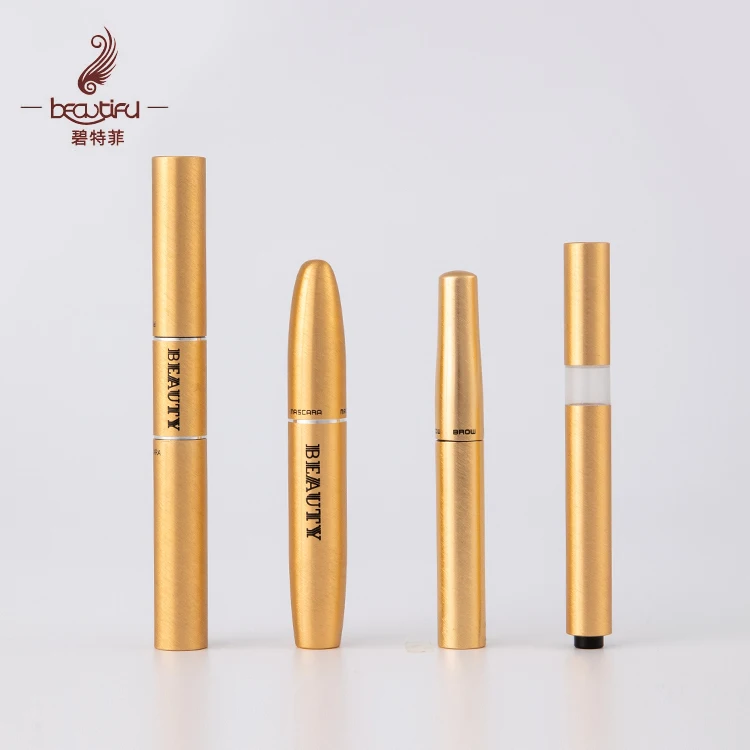 Brush aluminum gold makeup combo with 6ml mascara tube+dual head mascara bottles+5ml eyebrow dye container+3ml nail polish pen