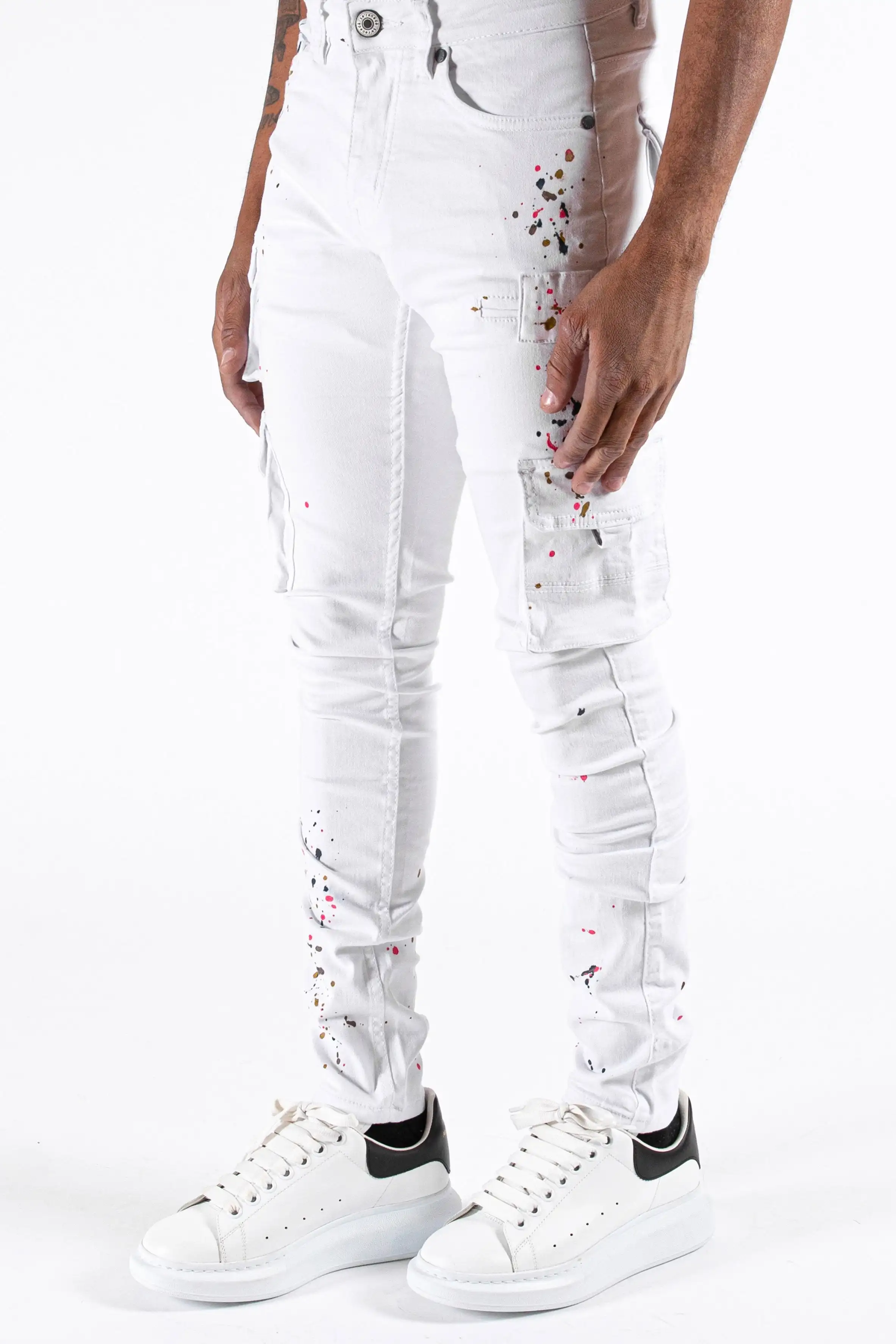 Hot selling plus size mens jeans trousers  elastic white cargo skinny denim pants juniors ripped jeans for men