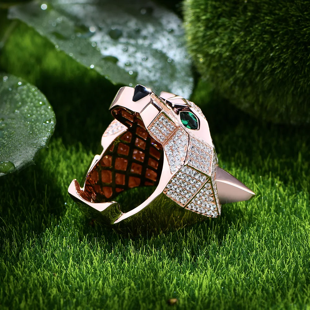 New full diamond leopard head ring, luxurious banquet in Europe and America, high-end pure silver wedding jewelry