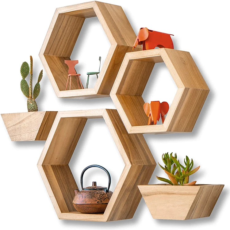 2021 New Hexagon Shelves-Set of 3 - 2 Wooden Plant Pots -Honeycomb Floating Shelves - Geometric Hexagon Shelves