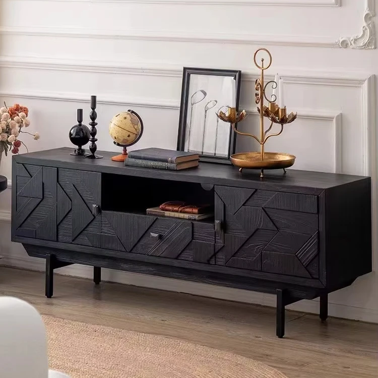 French Retro Style Black Carved TV Stand Solid Wood Entryway Storage Decorative Cabinet for  Living Room
