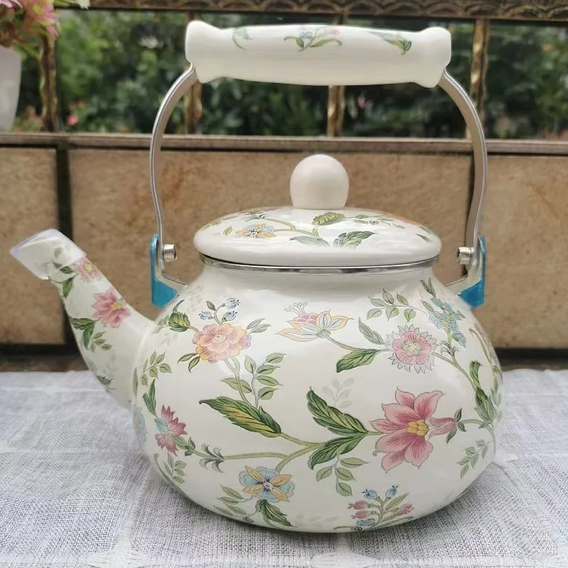 Enamel Tableware  2.5L Enamelled Metal Steel  Blooming flowers Teapot Kettle Pot with ceramic Handle
