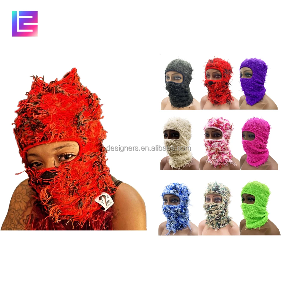 Wholesale knitted balaclava face Knit Full Face mask Cover one hole designer grassy distressed balaclava ski mask
